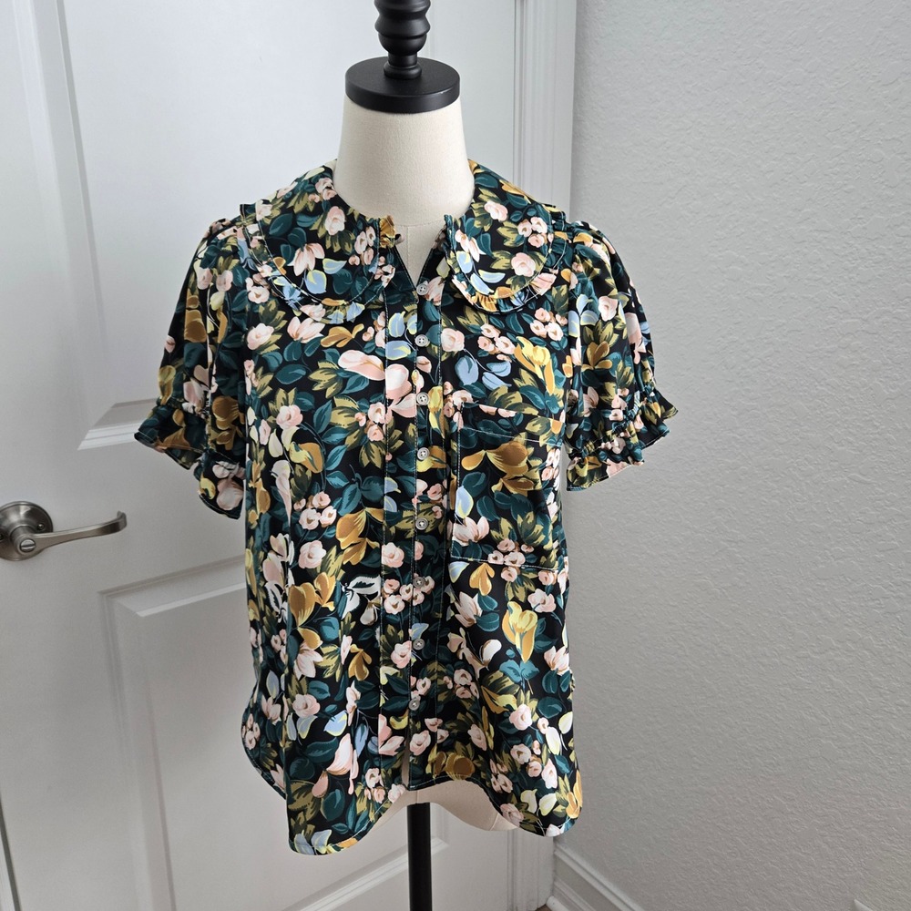 Pilcro Anthropologie Floral Peter Pan Collar Ruffle Blouse Green Mustard Small - Picture 2 of 9
